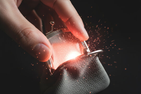 Hand opening leather coin purse revealing glowing red magic sparks and particles on dark background. Conceptual photo for inflation metaphors, financial crisis and fantasy wealth design