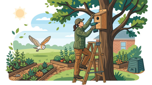 A woman installing a wooden birdhouse on a tree in a lush garden with an owl flying nearby and a compost bin in the background