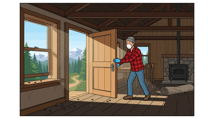 Fototapeta premium A man wearing a mask and gloves opening the door to a dusty, abandoned cabin in the mountains