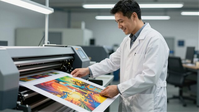 A man in a lab coat operating a large format printer, producing vibrant artwork.