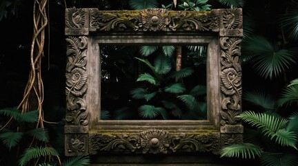 Obraz premium Ornate stone frame rests in rich jungle foliage. Ancient carvings show birds, flowers. Empty space offers copy area for travel adventure or exotic themes.