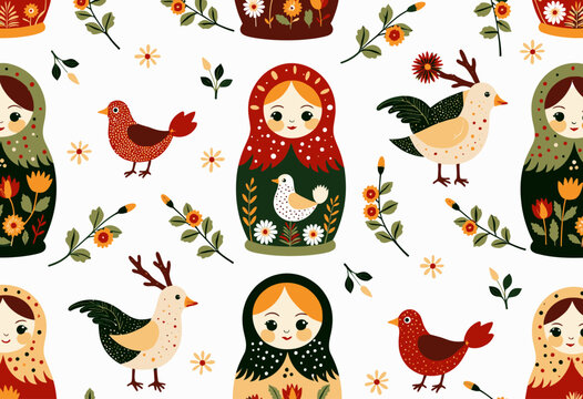 Seamless Pattern of Nested Dolls and Birds with Floral Motifs on White Background