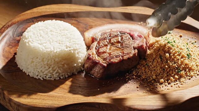 Top-down view of a rustic wooden platter being filled. A hand places a perfectly grilled Picanha slice next to a portion of white rice and farofa. Soft natural sunlight, cinematic food styling, clean 