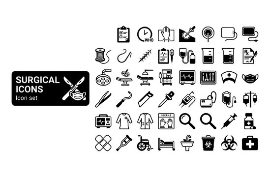 Surgical Operating Theatre Icon Set Surgical Checklist WHO Timeout Sterile Field Laparoscopic Port Diathermy Suture Staple Drain Fluid Balance Prescription Vector