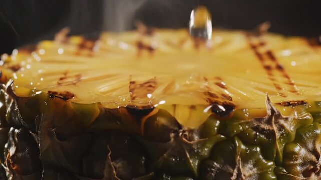 Macro shot of a slice of grilled pineapple with clear char marks. A tiny drop of juice runs down the side. Soft steam, cinematic lighting, dark background, 4K, static loop