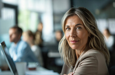 Fototapeta premium Experienced Businesswoman Portrait in Modern Office Looking at Camera, confident successful middle aged woman with computer