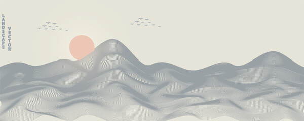 Vector abstract art landscape mountain with birds and sunrise sunset by blue line art texture isolated on white beige earth tone background. Minimal luxury style for wallpaper, wall art decoration. © Subi