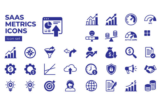 SaaS Business Metrics Icon Set MRR ARR Churn Rate NPS Score LTV CAC Ratio DAU MAU Cohort Retention North Star Funnel Conversion AB Test Vector