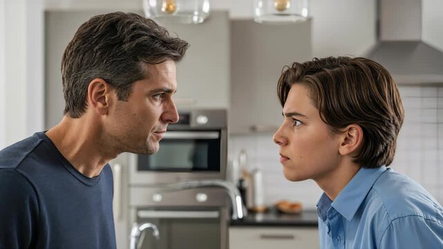 Close-up of a father and son in a tense standoff. Two men having an angry argument face-to-face in a modern kitchen. Family conflict and generation gap concept