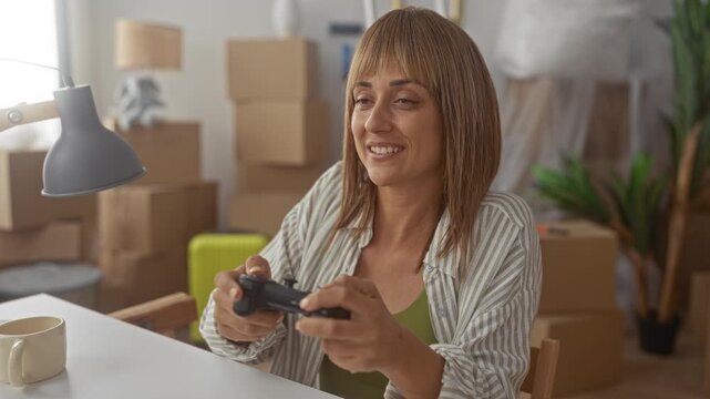 Woman holding game controller in unpacked living room building, smiling and pressing buttons while seated at table; moving day contentment.