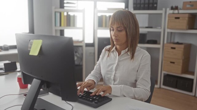 Woman at computer with hand on lower back showing backache in building office workspace, grimacing while seated at keyboard; discomfort.