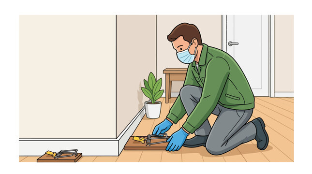 Professional pest control worker setting a wooden mousetrap on the floor near a wall in a house