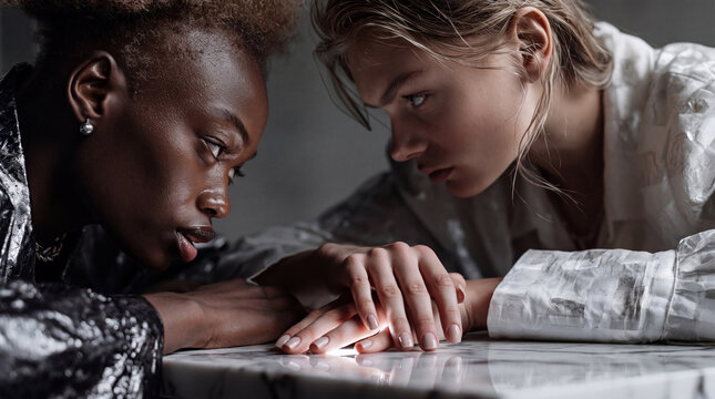Two serious Gen Z women looking at each other and holding hands over marble table, close up portrait of diverse young alternative friends, relationship concept.
