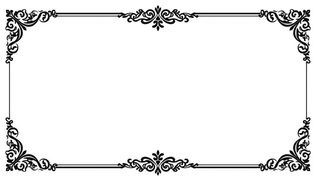 Symmetrical black ornate rectangular frame with intricate scrollwork details offers a sophisticated border.