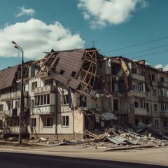 Obraz premium Damaged apartment building after conflict, showing destruction and debris.