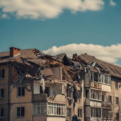 Fototapeta premium Damaged Apartment Building After Conflict Shows Devastation.