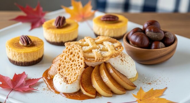 Autumn dessert platter featuring pumpkin cheesecake apple tart roasted chestnuts and maple accents