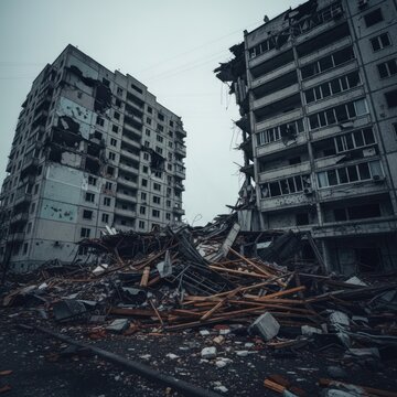 Destroyed apartment buildings after conflict, rubble and debris in foreground.