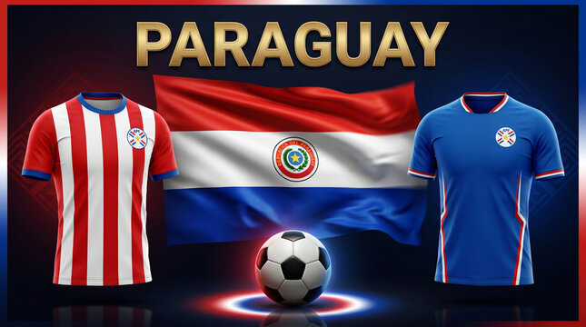 Paraguay national football team jerseys and flag with soccer ball on dark background
