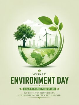 World Environment Day Green Earth Conservation Poster with Eco City and Tree Illustration