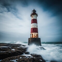 Obraz premium Dramatic Lighthouse Amidst Crashing Waves on Rocky Shoreline.