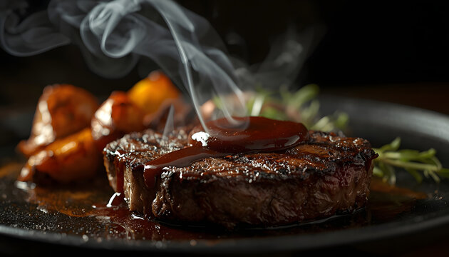 A mouth-watering, perfectly grilled beef steak served sizzling hot on a dark cast-iron platter. Wisps of white smoke rise elegantly from the juicy, charred meat, which is topped with a glossy, rich ba