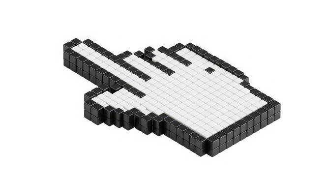 3d render of a pixelated hand cursor isolated on transparent background