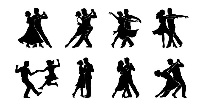 Dynamic couple dancing silhouettes, elegant ballroom dance poses, black vector collection for design