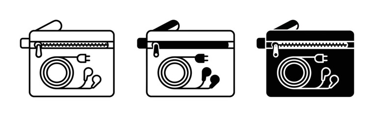 Zippered Pouch with Earbuds and Cable, Travel Organizer Vector Icons, Black and White Line Art © Rohimgfxzone