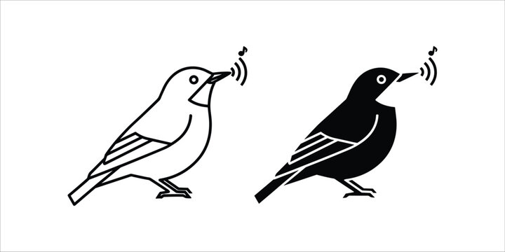 Two birds singing in black and white silhouette