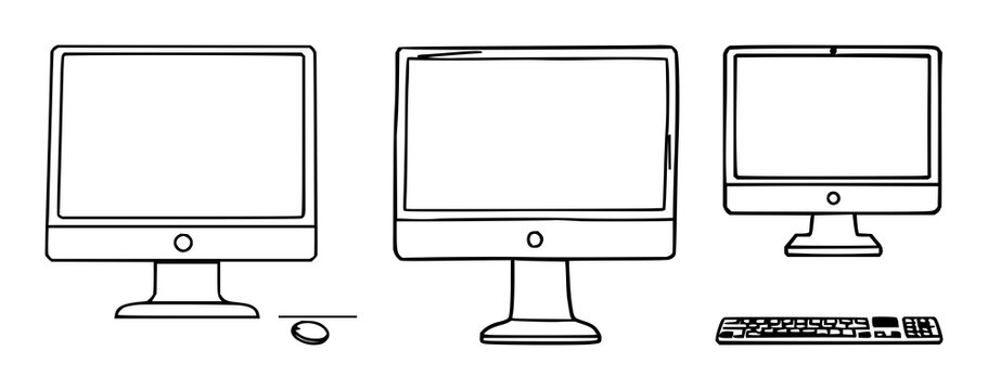 Black line art, white background: computer set with simple line art design featuring line art, illustrations, graphic resources with vector and design elements