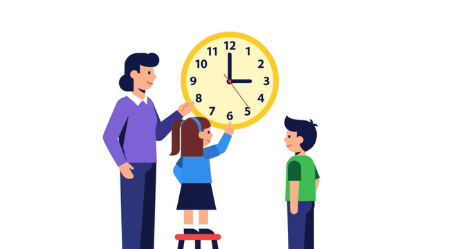Family Learning Time Management, Teaching Kids Clock, White Background