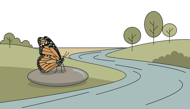 A beautiful monarch butterfly with distinctive orange and black wing patterns rests on a smooth grey stone next to a winding blue river that flows through a green hilly landscape.