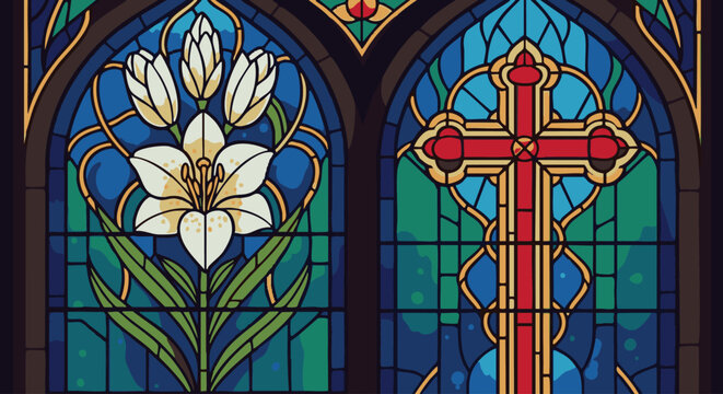Stained glass window featuring a white easter lily flower on the left and a red christian cross on the right, set in arched frames