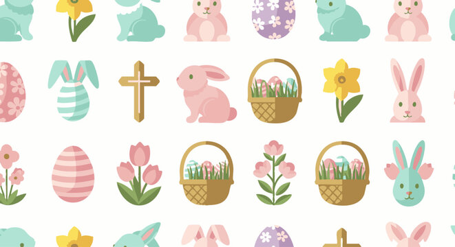 Seamless easter pattern featuring pastel bunnies, decorated eggs, woven baskets, yellow daffodils, pink tulips, and golden crosses on white