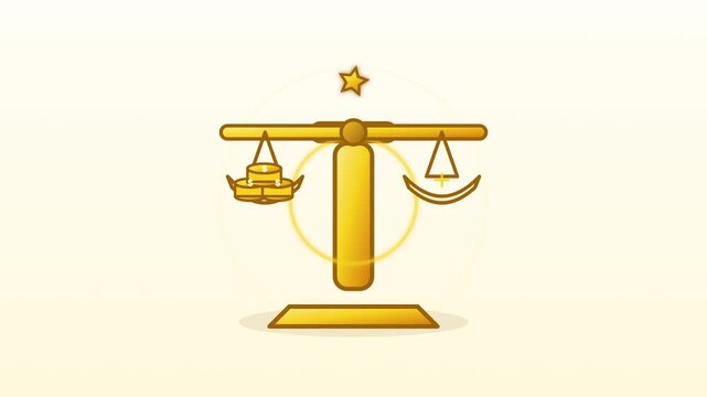 Golden scales with star on top are balanced equally indoors