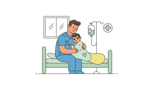 A compassionate male nurse wearing blue scrubs sits on the edge of a hospital bed and provides a comforting hug to a small baby wrapped in a light green blanket.