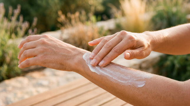 Person applying cream on their arm outdoors in natural setting  