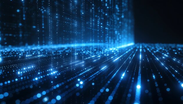 Abstract Digital Data Flow With Glowing Blue Particles and Light Streaks.
