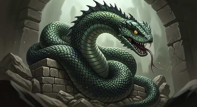 Giant green serpent coiled in ancient stone ruins. Mythical dragon creature with sharp fangs in a dark dungeon. Fantasy monster illustration