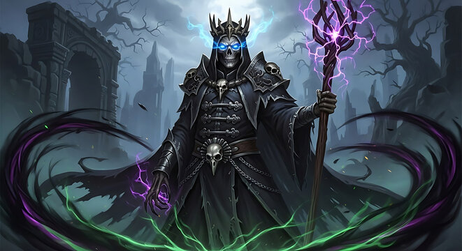 Lich king with glowing blue eyes holding a magical staff. Dark fantasy necromancer in a foggy graveyard. Undead sorcerer character illustration