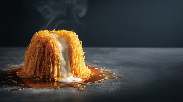 Melted cheese strings on dark surface with steam gooey cheese