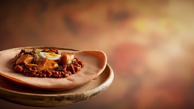 Injera bread with egg and beans on a plate food