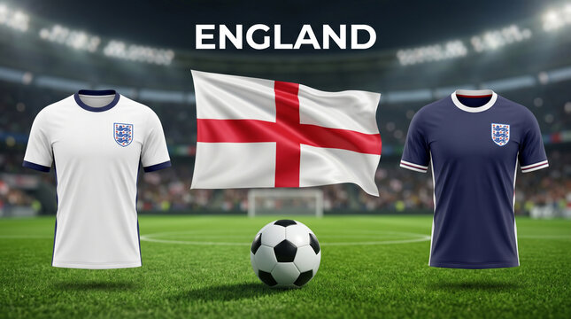 England soccer jerseys and flag on a green football field with a ball