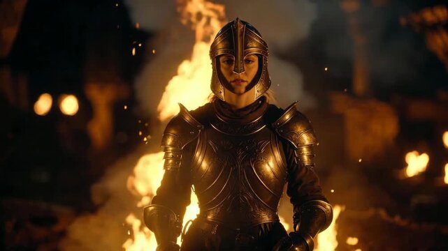 An armored warrior in detailed metal gear in a cinematic style against blazing fire background, symbolizing epic fantasy conflict