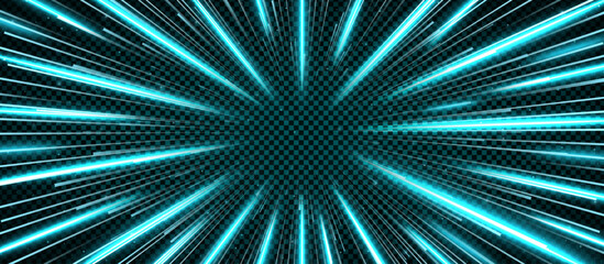 Realistic cyan hyperspace travel tunnel isolated on transparent background. Abstract open space star warp. Speed of light journey concept. Vector illustration © boxerx