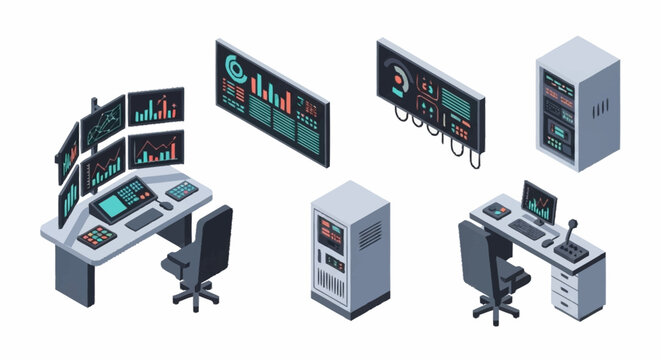 Isometric digital control room workstations with multiple monitors displaying charts and data, server racks, and office chairs.
