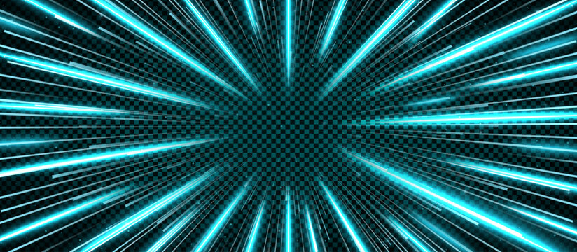 Realistic cyan hyperspace travel tunnel isolated on transparent background. Abstract open space star warp. Speed of light journey concept. Vector illustration