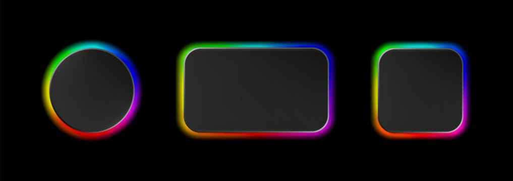 Raibbow neomorphism glowing radial gradient frame pack. Blurry RGB spectrum buttons. Soft gradient color 3D wheel isolated on black background. Square, rectangle and round frames. Vector illustration