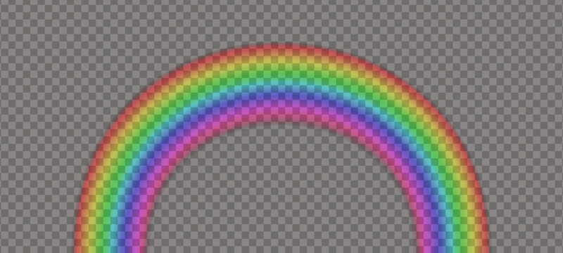 Realistic arc rainbow isolated on trasparent background. Sun light ultraviolet spectrum. Dynamic abstract with with blurred bright rainbow gradient curve. Vector illustration